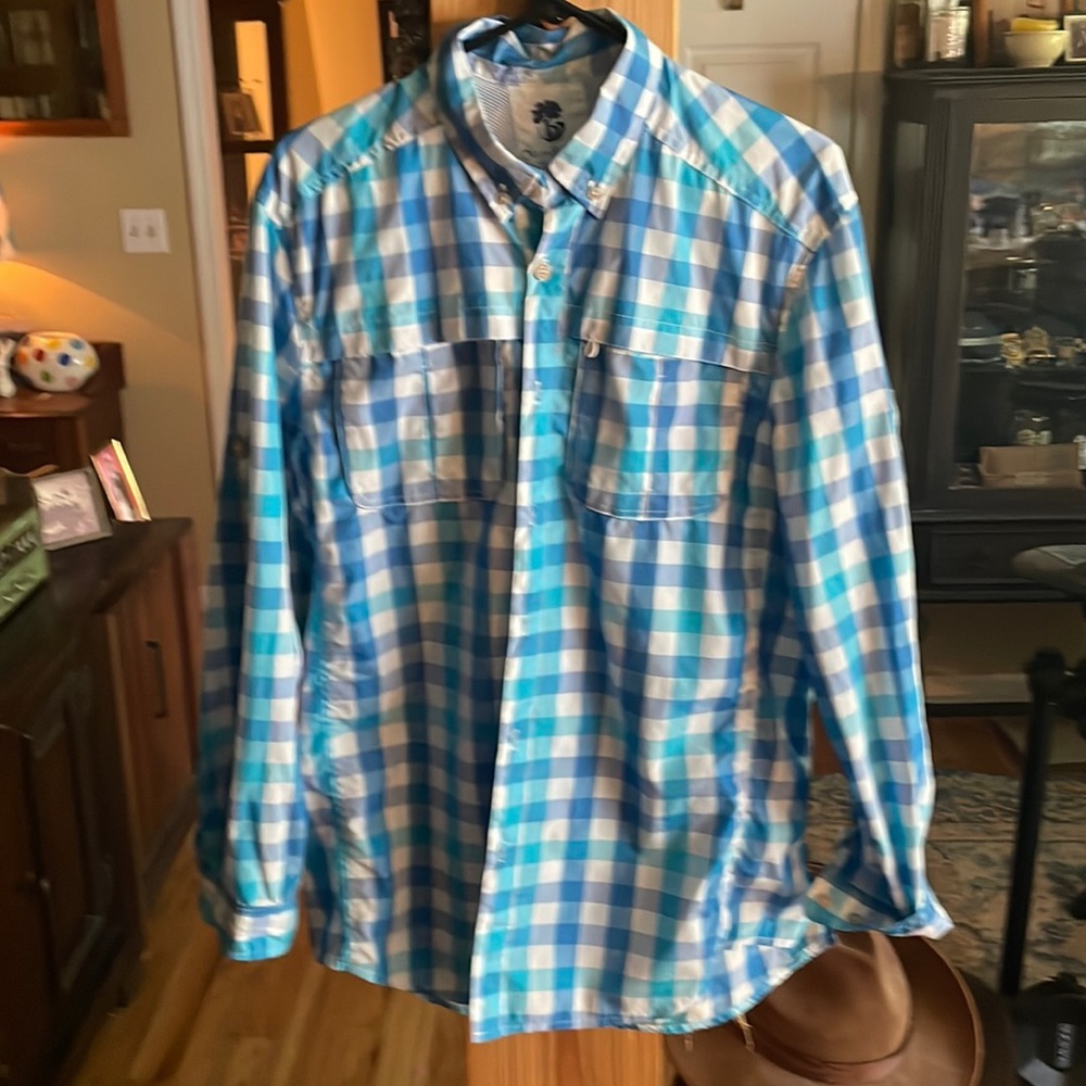 Blue gingham active wear button down shirt by Ocean & Coast.